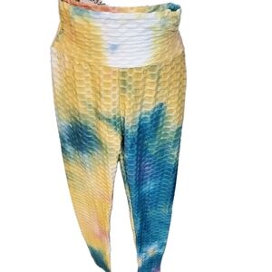 Honeycomb Yellow Blue White Leggings Size Small/Medium